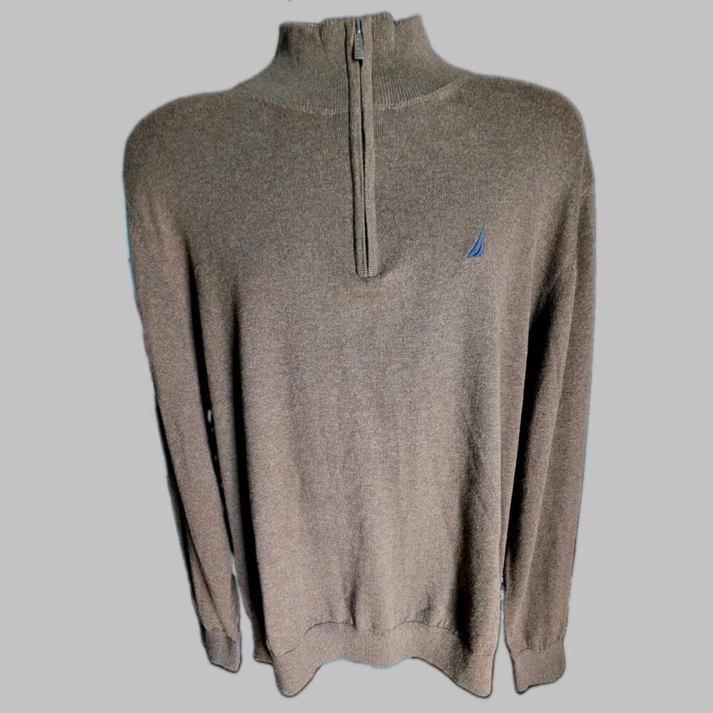 Nautica NavTech Mens XL Quarter Zip Sweater Brown Cotton Blend NWT Heather Taupe
